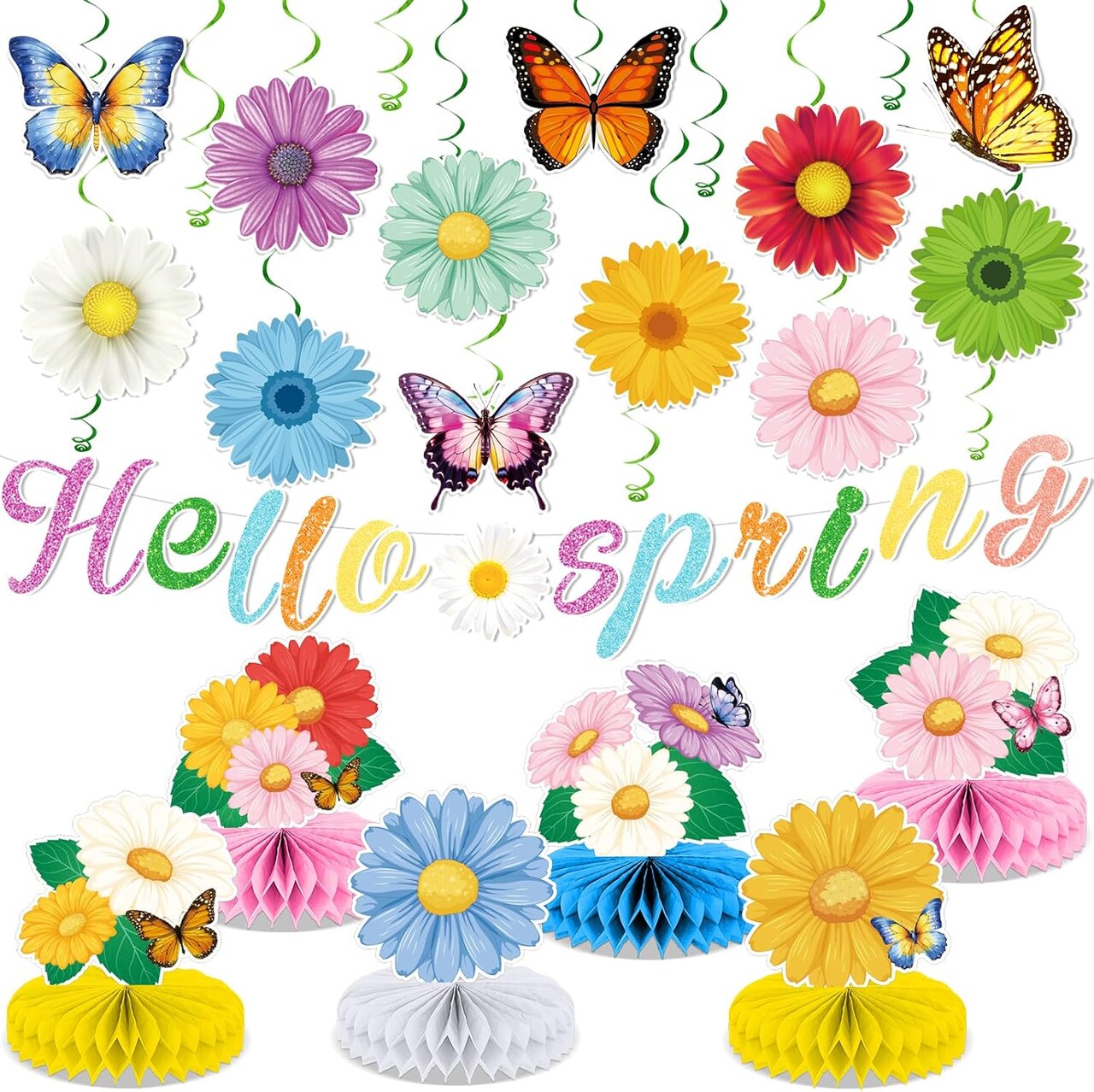 Spring Party Decorations Set – “Hello Spring” Banner, Sunflower & Butterfly Hanging Swirls, Daisy Honeycomb Centerpieces, and Floral Table Toppers for Birthday or Wedding Celebrations (31PCS)